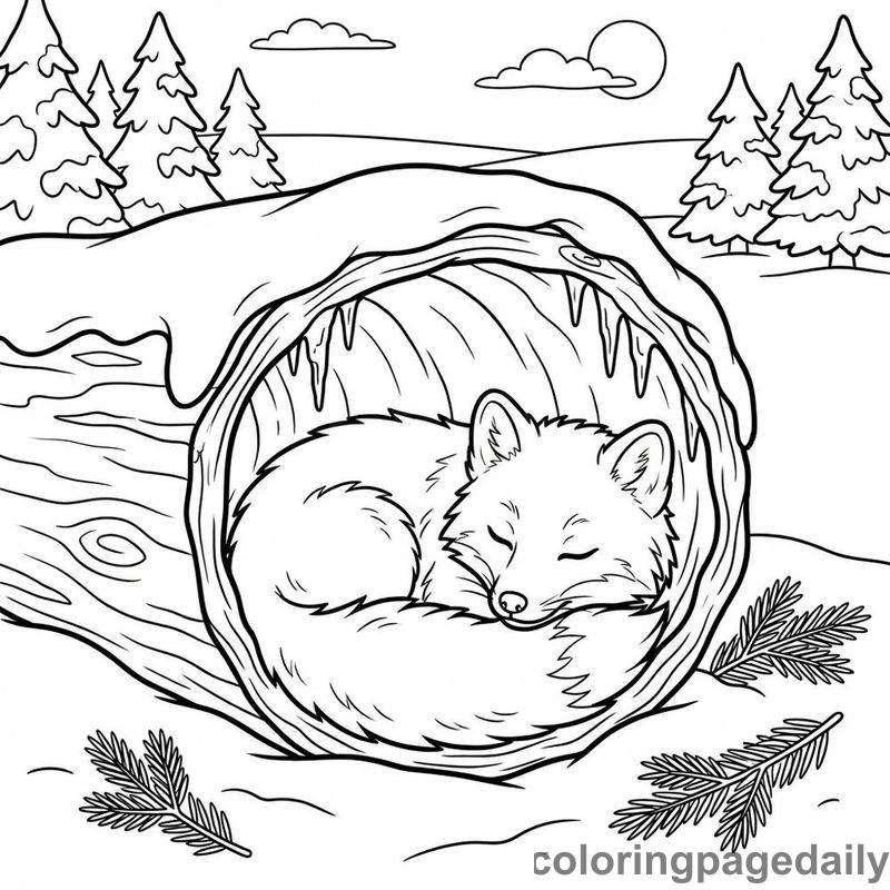 Arctic Fox Sleeping - Daily printable coloring page in Winter and Snow Season category