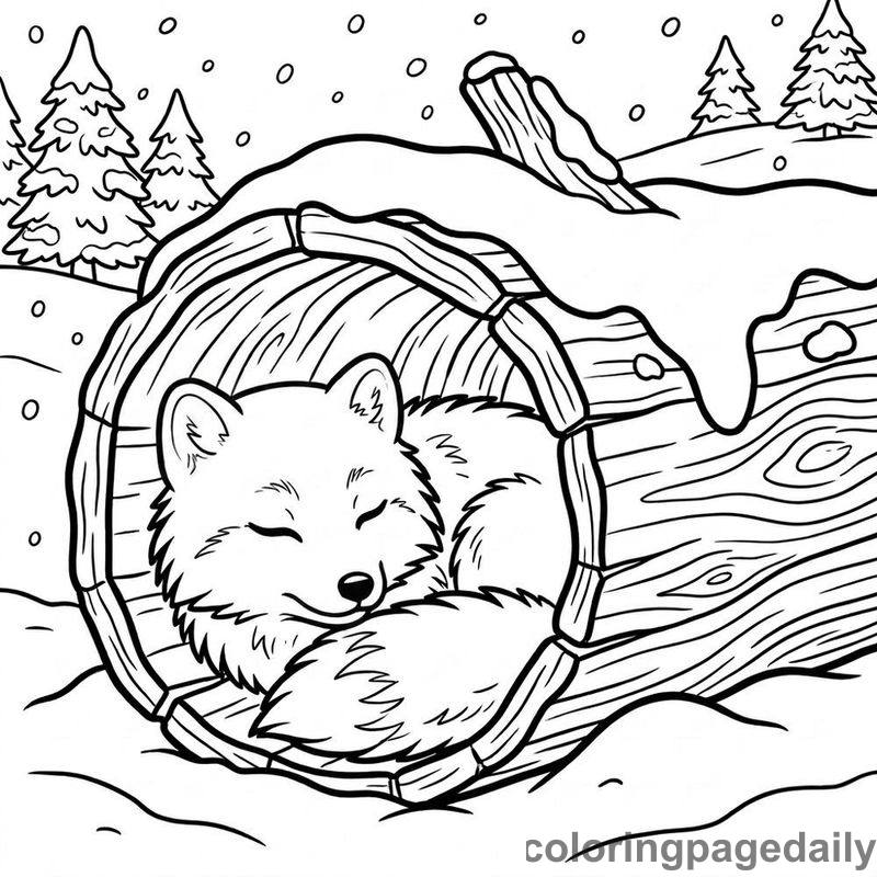 Arctic Fox Sleeping In Log - Daily printable coloring page in Winter and Snow Season category