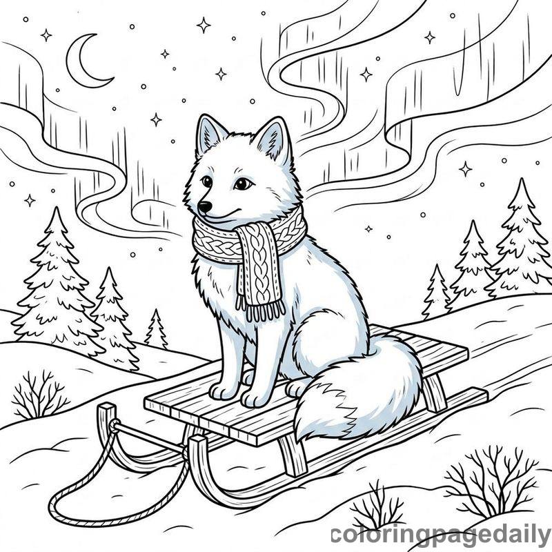 Arctic Fox Watching Northern Lights - Daily printable coloring page in Winter and Snow Season category
