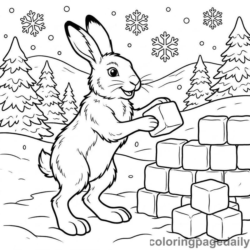 Arctic Hare Building Snow Fort - Daily printable coloring page in Winter and Snow Season category