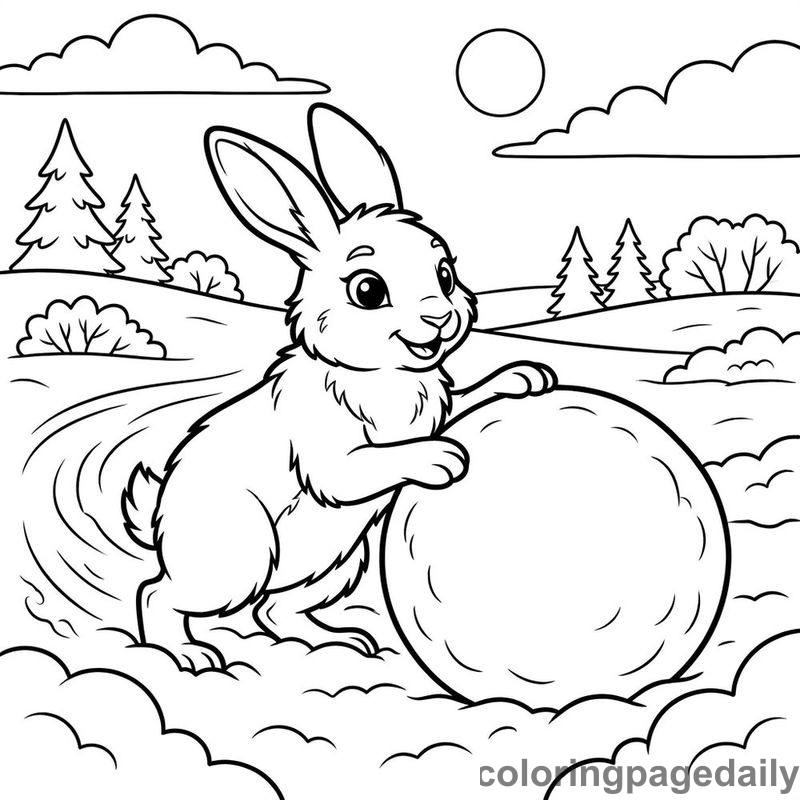 Arctic Hare Rolling A Snowball - Daily printable coloring page in Winter and Snow Season category