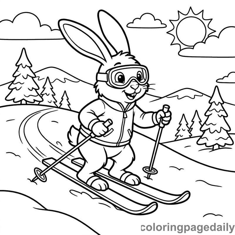 Arctic Hare Skiing - Daily printable coloring page in Winter and Snow Season category