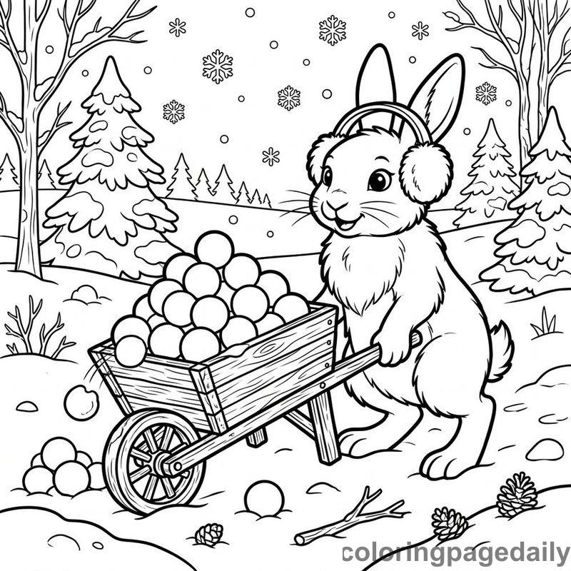 Arctic Hare Snowball Wheelbarrow - Daily printable coloring page in Winter and Snow Season category