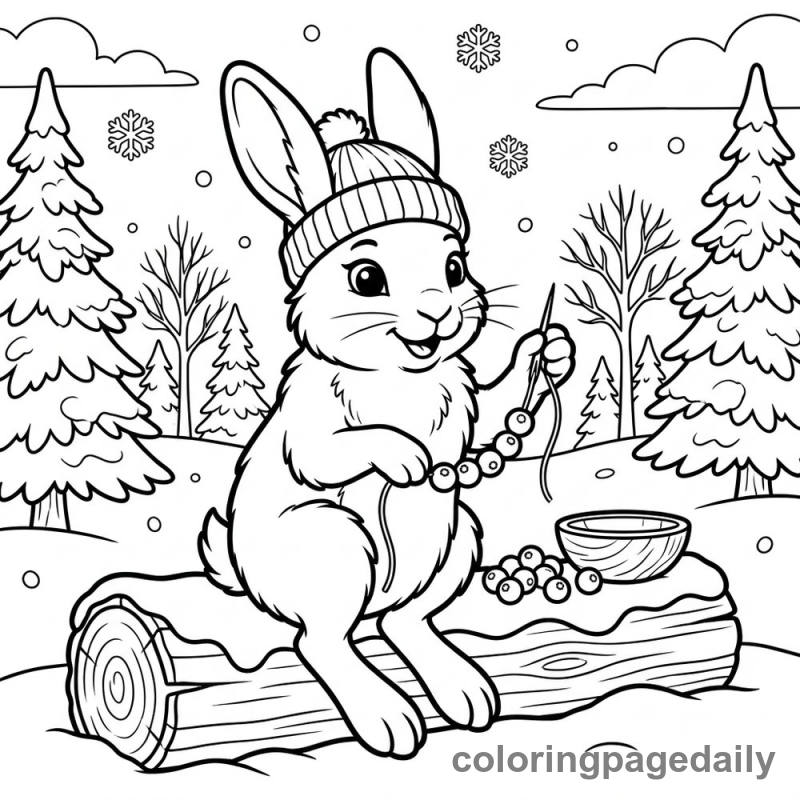 Arctic Hare Stringing Cranberries - Daily printable coloring page in Winter and Snow Season category