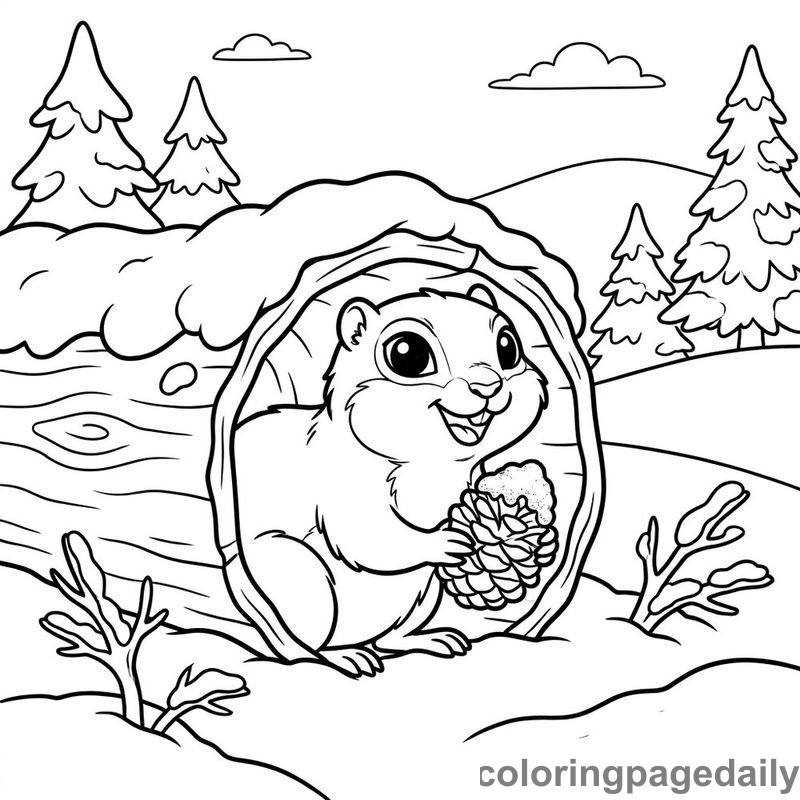 Arctic Squirrel In Snowy Log - Daily printable coloring page in Winter and Snow Season category