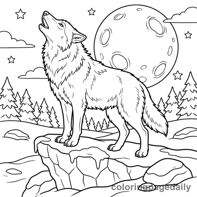 Arctic Wolf Howling at Moon - Daily printable coloring page in Winter and Snow Season category