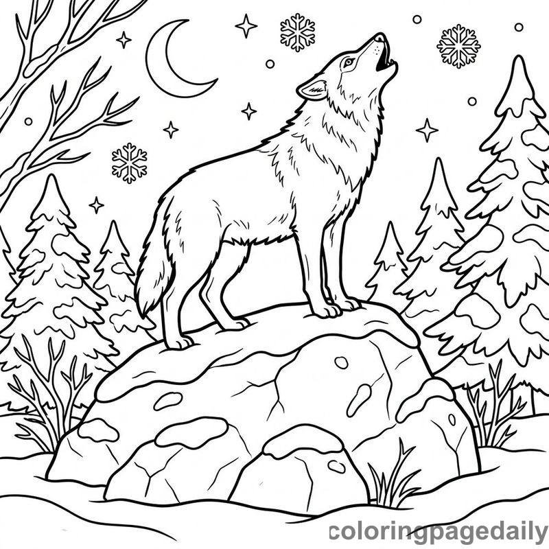 Arctic Wolf Howling Snow - Daily printable coloring page in Winter and Snow Season category