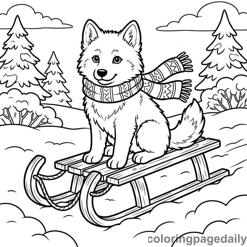 Arctic Wolf On Toboggan - Daily printable coloring page in Winter and Snow Season category