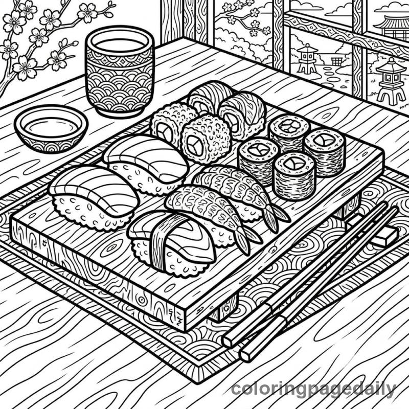 Assorted Sushi Platter - Daily printable coloring page in Food category