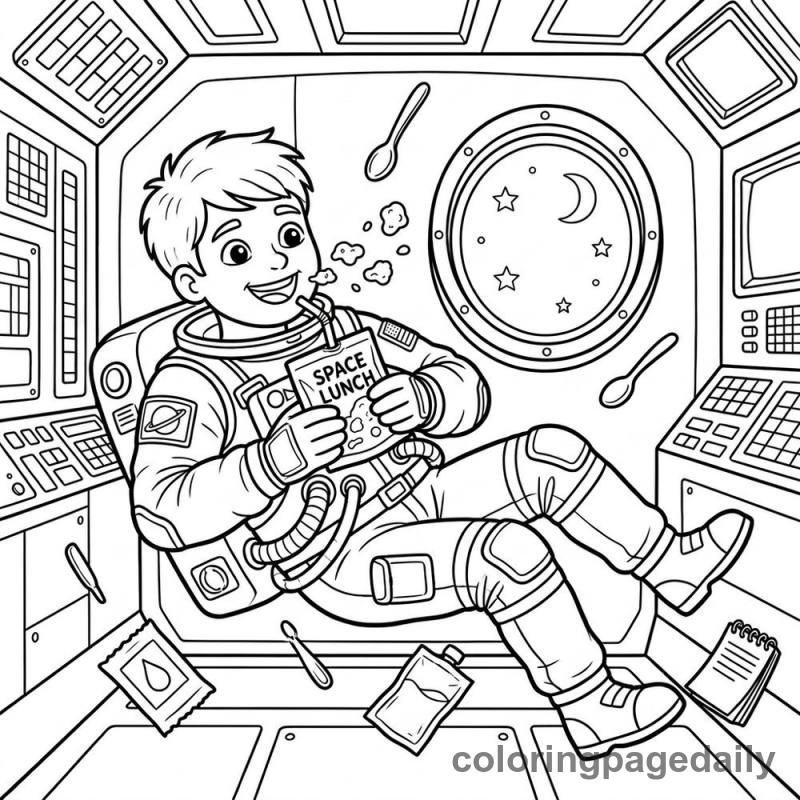 Astronaut Eating In Space - Daily printable coloring page in Space category