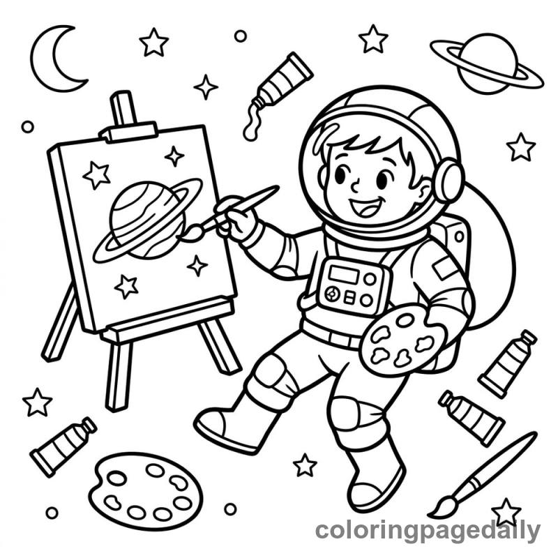 Astronaut Painting in Space - Daily printable coloring page in Space category
