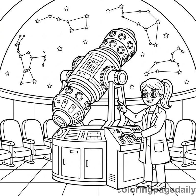 Astronomer Operating Planetarium Projector - Daily printable coloring page in Professions category