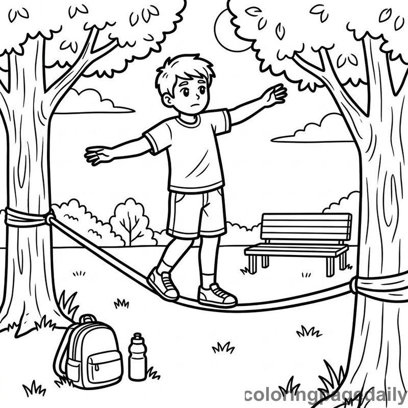 Athlete Balancing On Slackline - Daily printable coloring page in Sports category