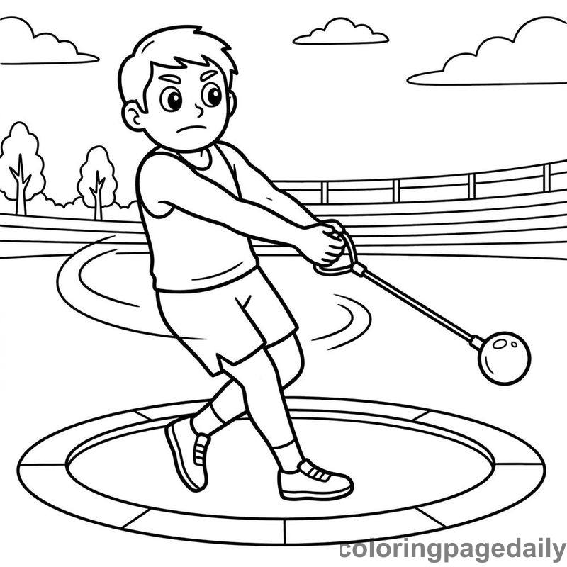 Athlete Hammer Throw Spin - Daily printable coloring page in Sports category