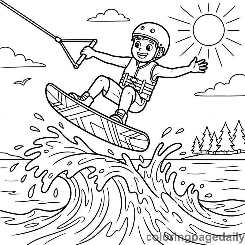 Athlete Wakeboarding Jump - Daily printable coloring page in Sports category