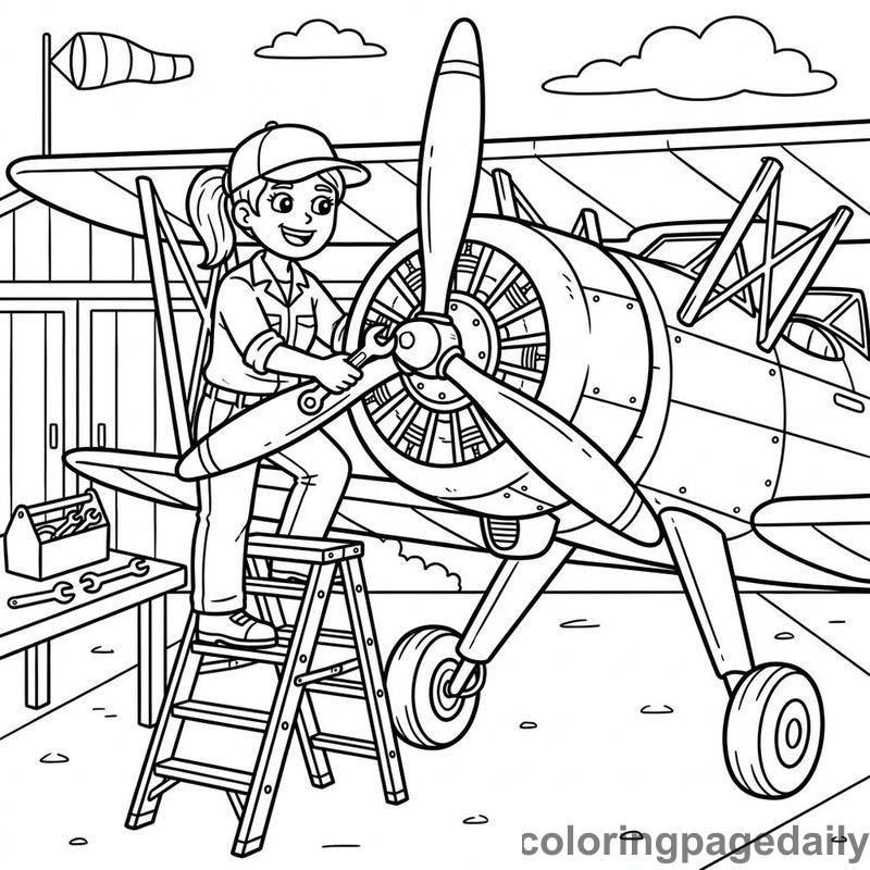 Aviation Mechanic Repairing Propeller - Daily printable coloring page in Professions category