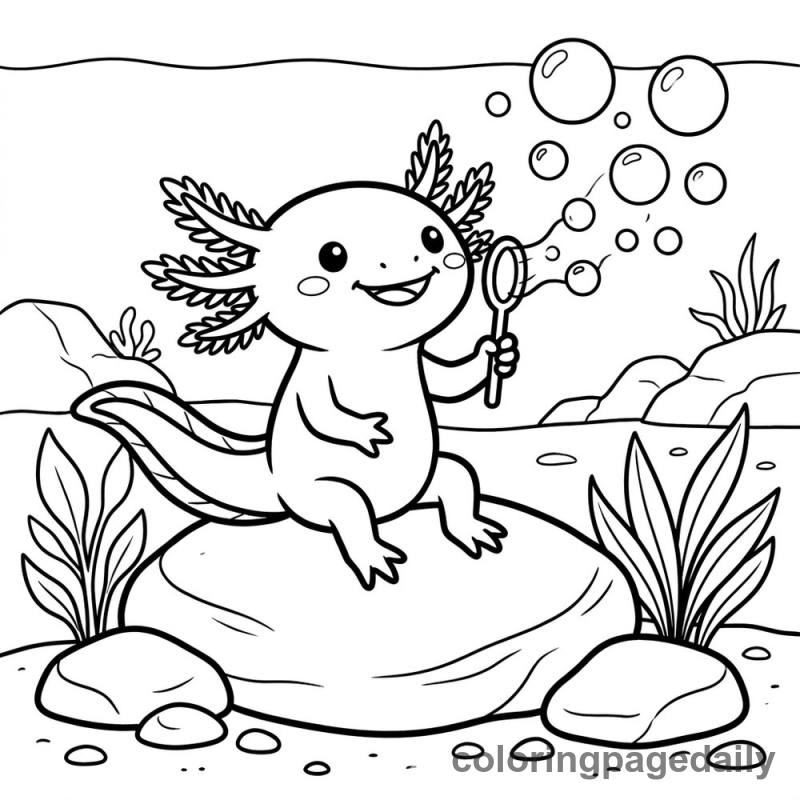 Axolotl Blowing Bubbles - Daily printable coloring page in Animals category