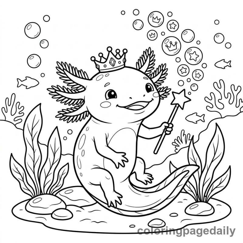 Axolotl Blowing Royal Bubbles - Daily printable coloring page in Animals category