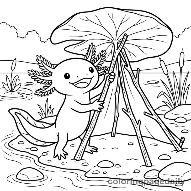 Axolotl Building Lily Pad Tent - Daily printable coloring page in Animals category