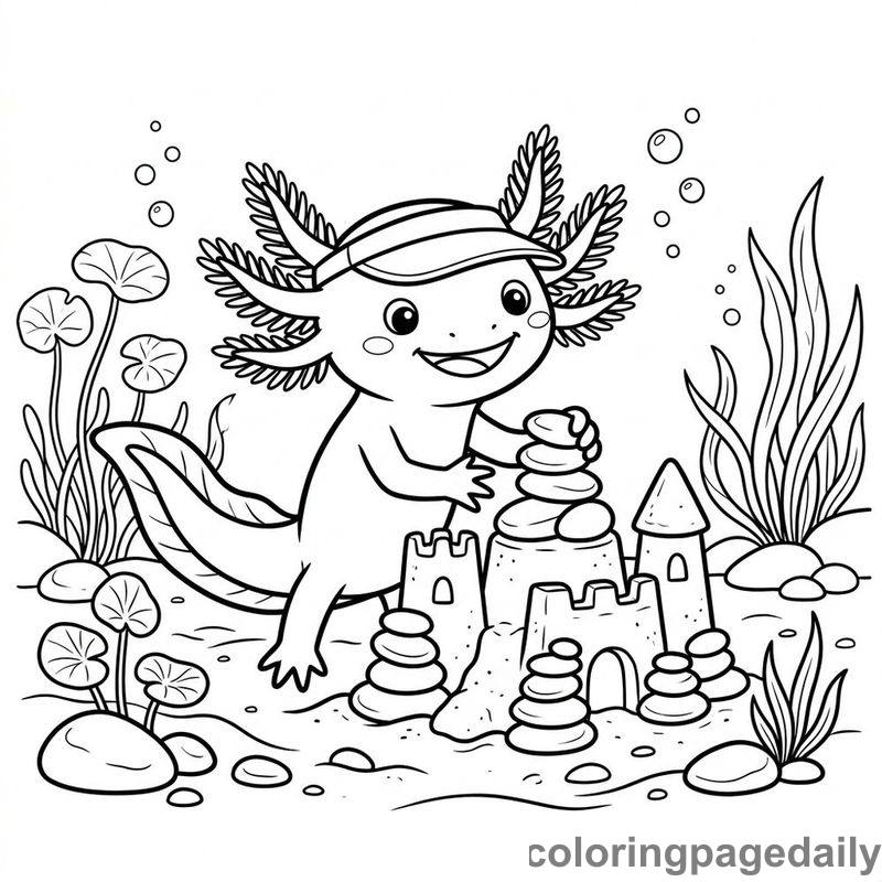 Axolotl Building Pebble Sandcastle - Daily printable coloring page in Animals category
