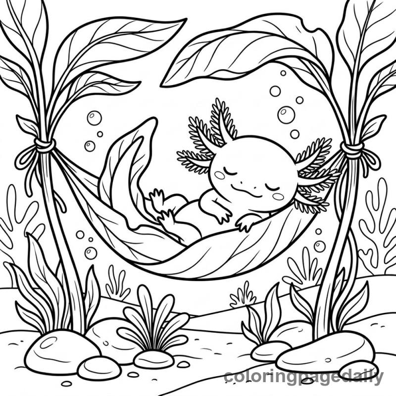 Axolotl Leaf Hammock Nap - Daily printable coloring page in Animals category