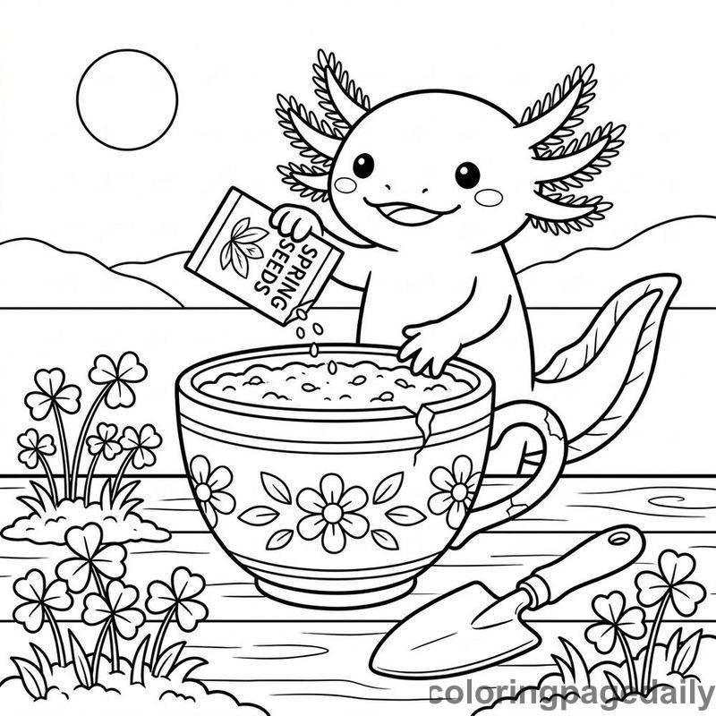 Axolotl Planting Spring Seeds - Daily printable coloring page in Animals category