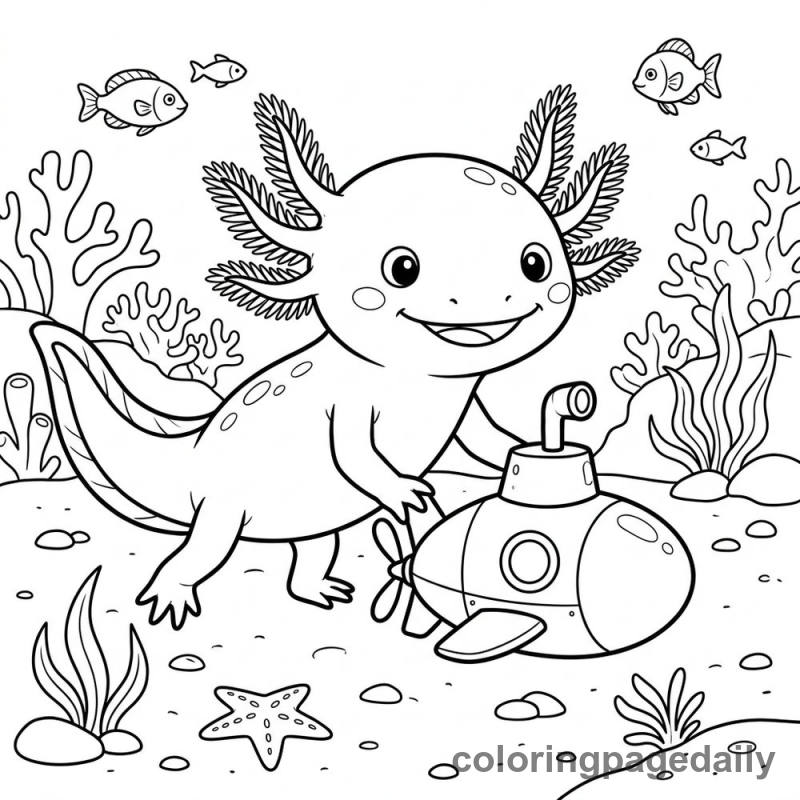 Axolotl Playing with Submarine - Daily printable coloring page in Animals category