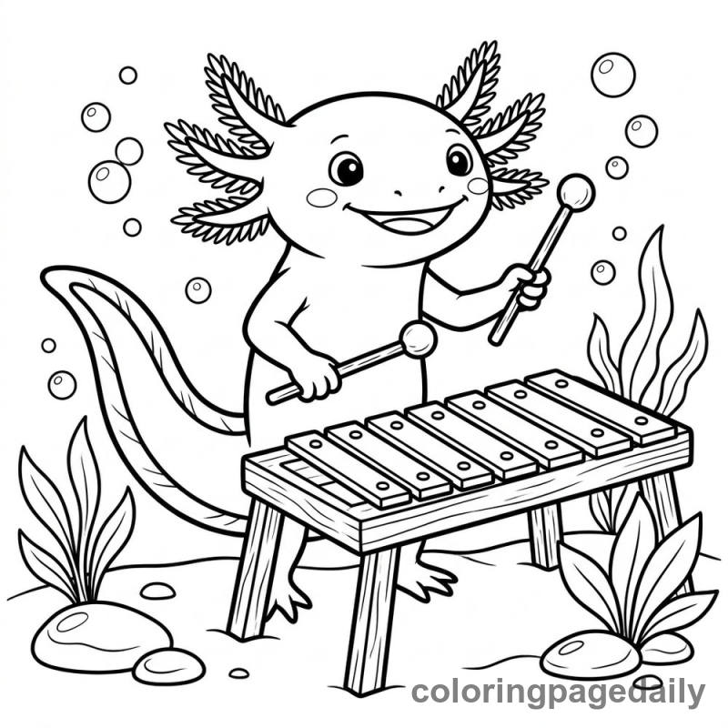 Axolotl Playing Xylophone - Daily printable coloring page in Animals category