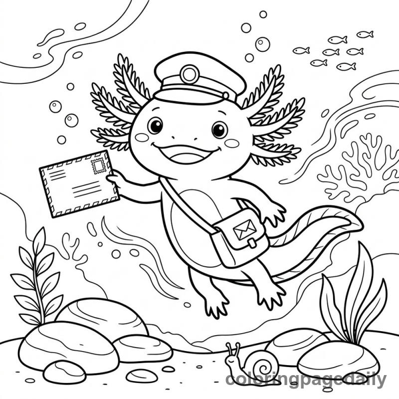 Axolotl Postman Delivering Mail - Daily printable coloring page in Animals category