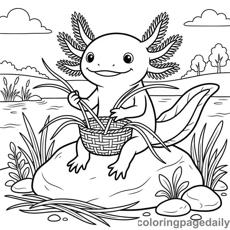 Axolotl Weaving Seagrass Basket - Daily printable coloring page in Animals category