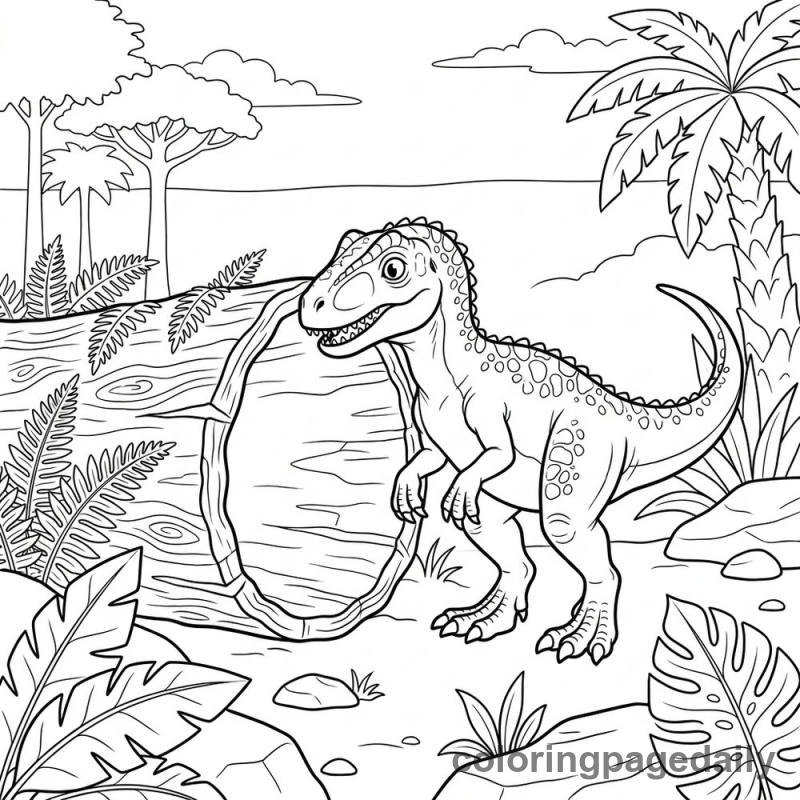 Baby Allosaurus Exploring Log - Daily printable coloring page in Dinosaur category