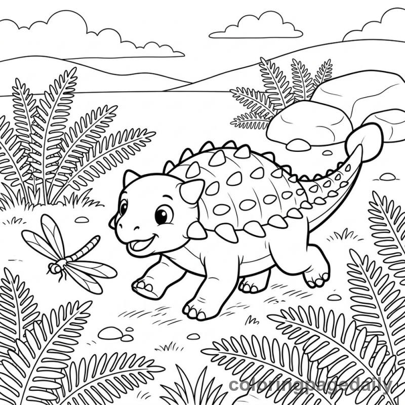 Baby Ankylosaurus Playing - Daily printable coloring page in Dinosaur category