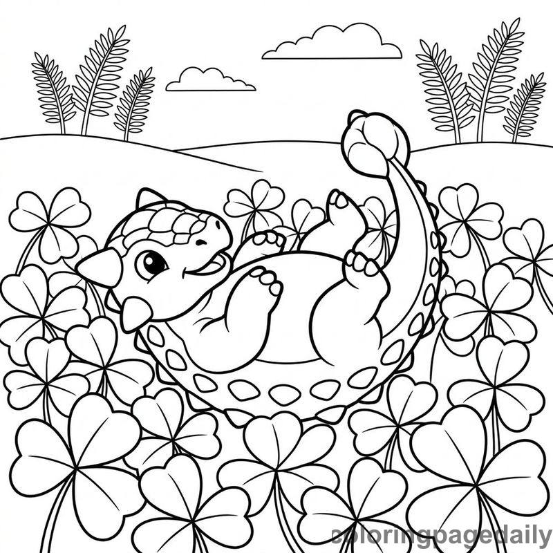 Baby Ankylosaurus Playing In Clover - Daily printable coloring page in Dinosaur category