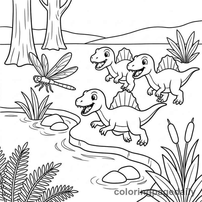 Baby Dinosaurs Chase a Dragonfly - Daily printable coloring page in Dinosaur category