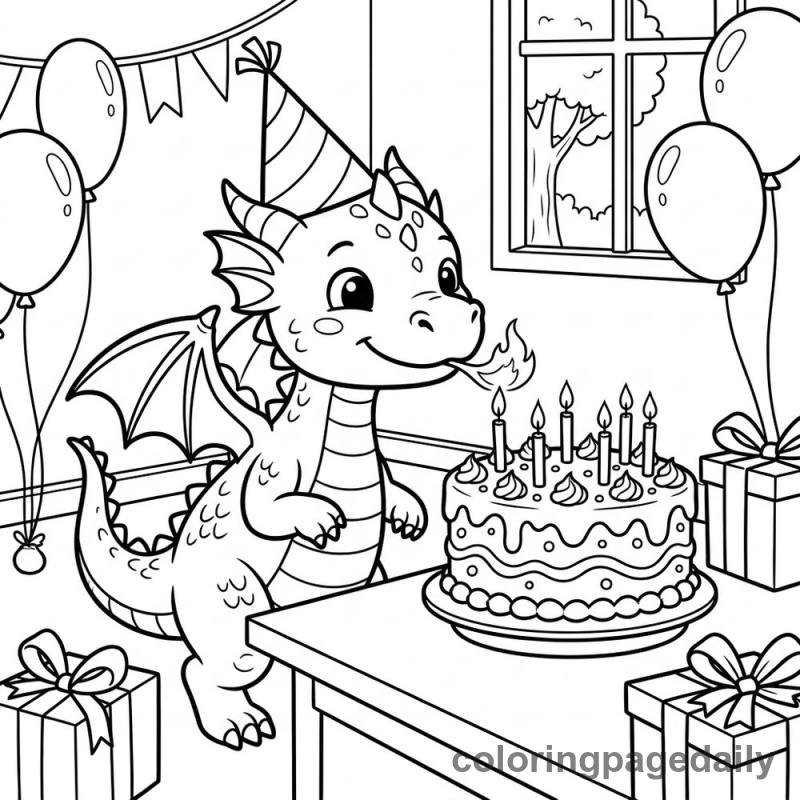 Baby Dragon's Birthday Cake - Daily printable coloring page in Mythical Creature category