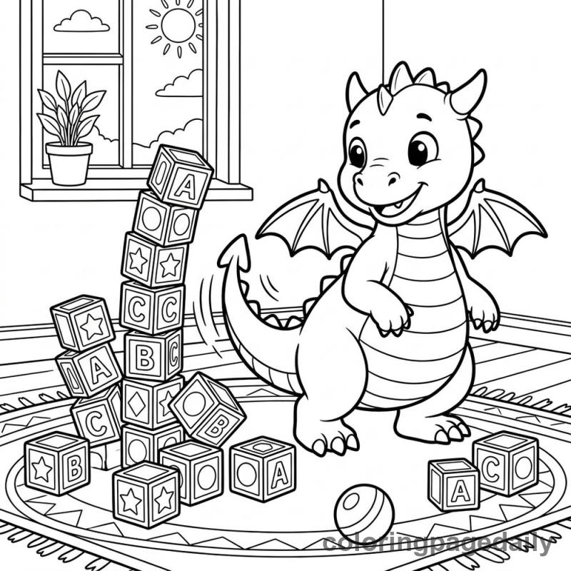 Baby Dragon Blocks - Daily printable coloring page in Mythical Creature category