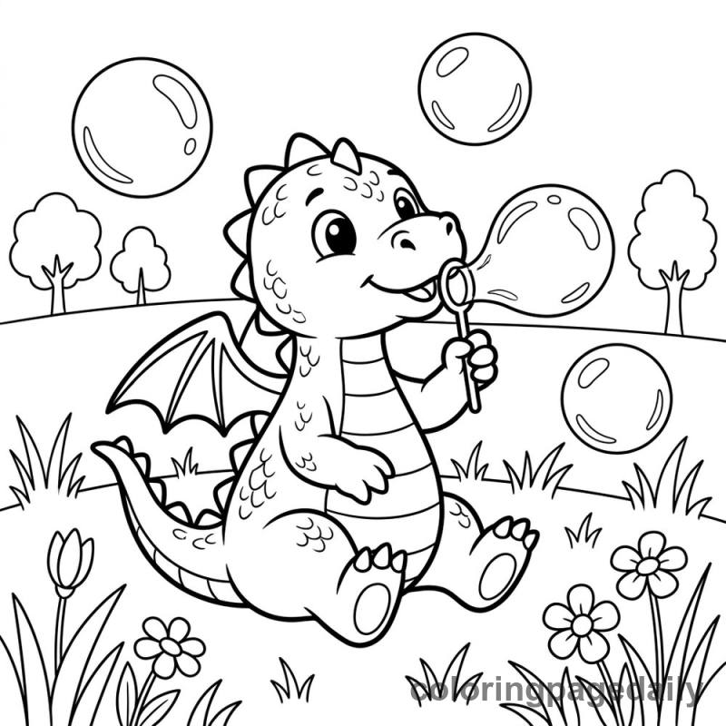 Baby Dragon Blowing Bubbles - Daily printable coloring page in Mythical Creature category