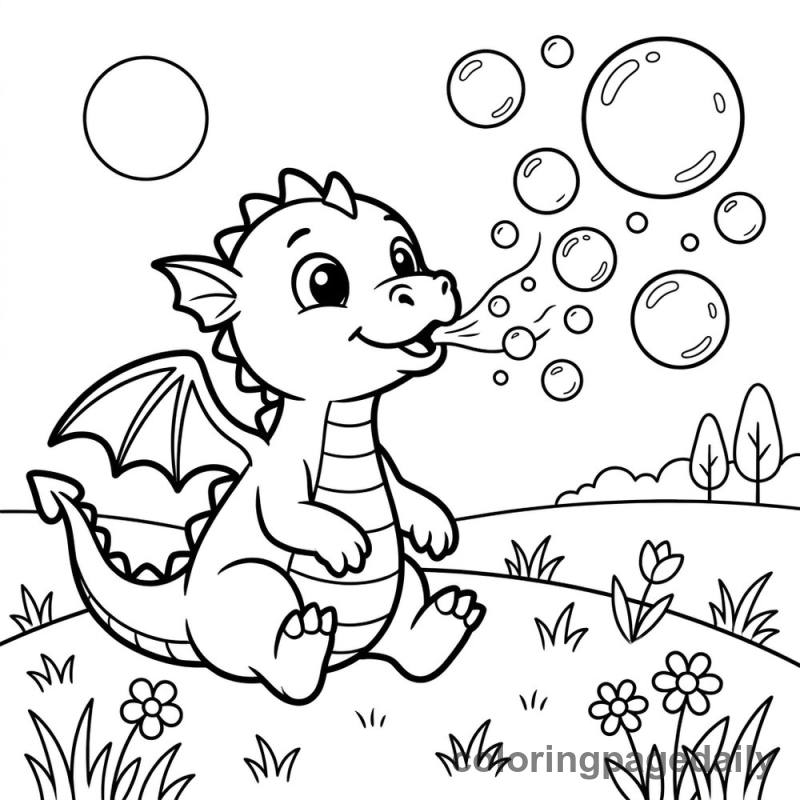 Baby Dragon Blowing Soap Bubbles - Daily printable coloring page in Mythical Creature category