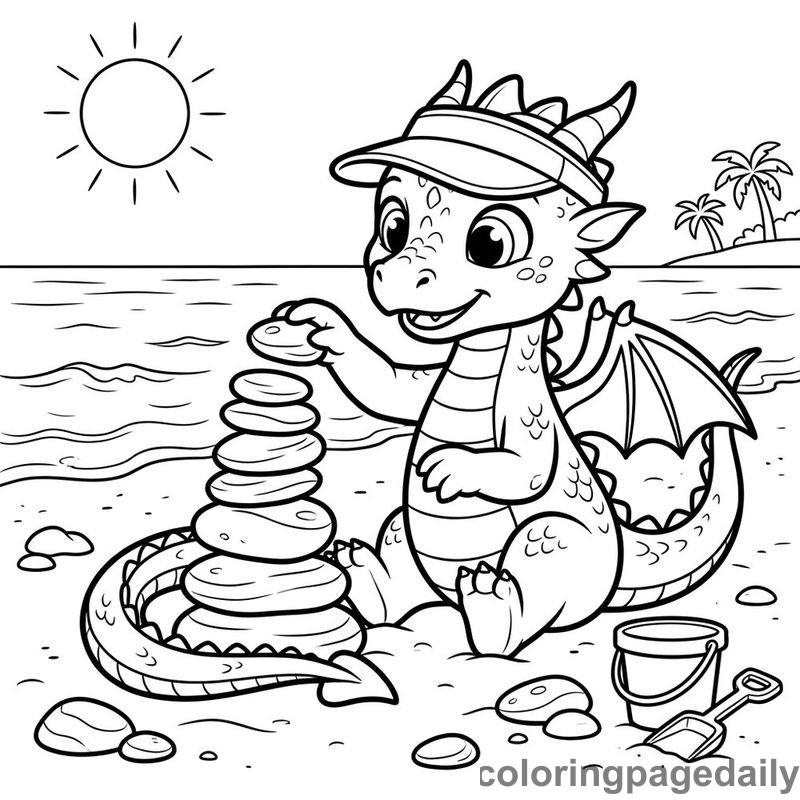 Baby Dragon Building Pebble Tower - Daily printable coloring page in Mythical Creature category
