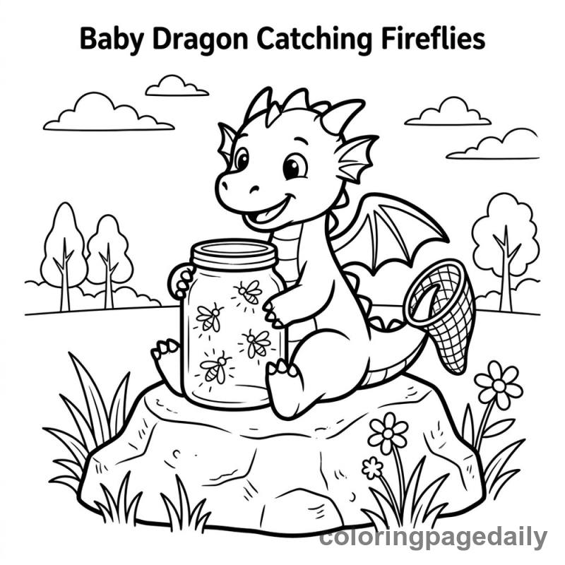Baby Dragon Catching Fireflies - Daily printable coloring page in Mythical Creature category