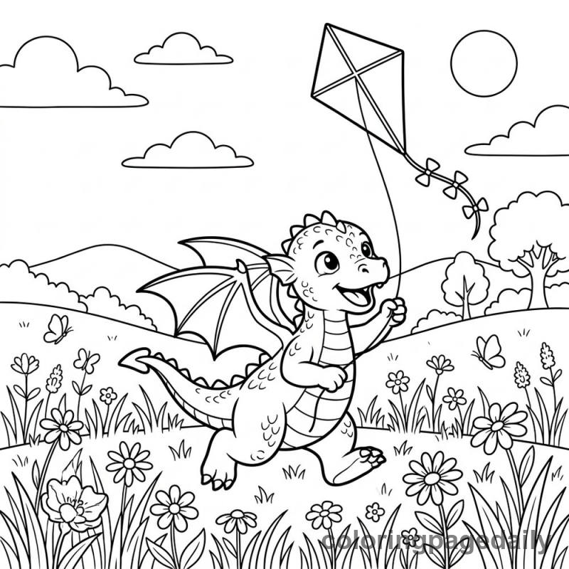 Baby Dragon Flying Kite - Daily printable coloring page in Mythical Creature category