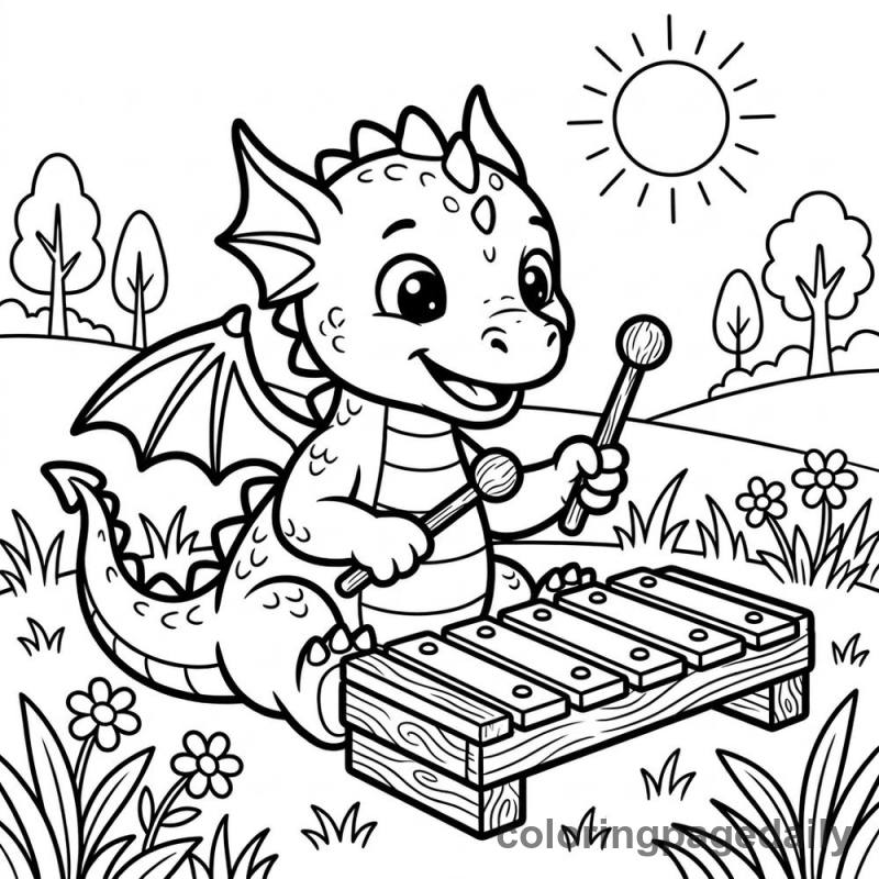 Baby Dragon Musical Fun - Daily printable coloring page in Mythical Creature category