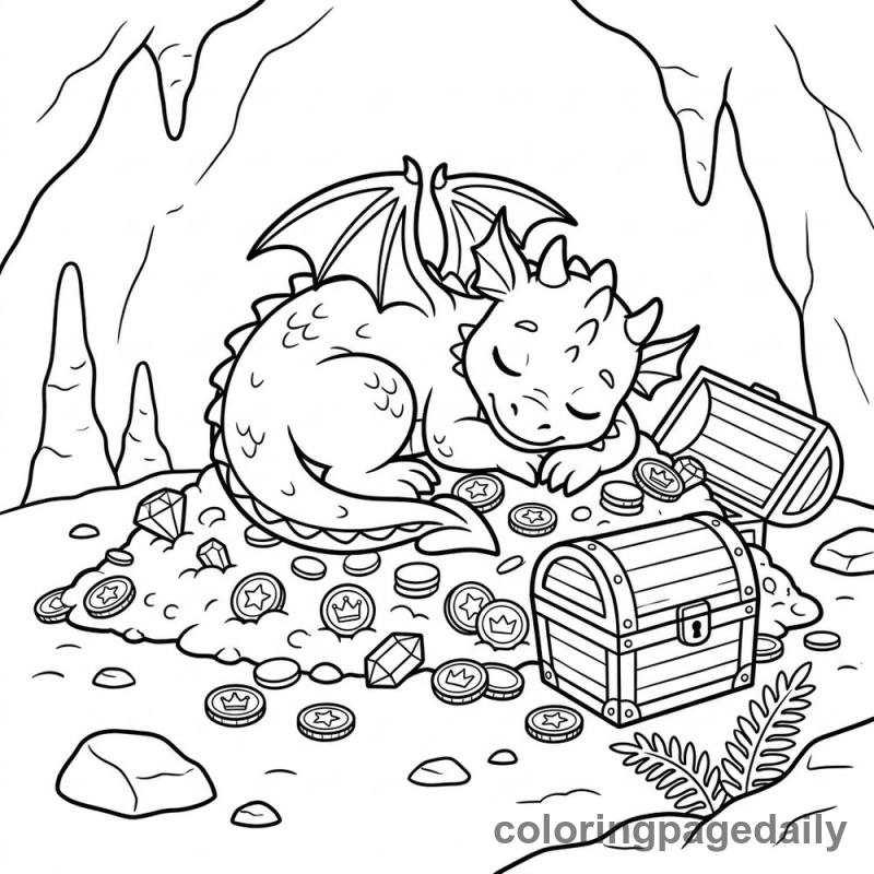 Baby Dragon Napping - Daily printable coloring page in Mythical Creature category