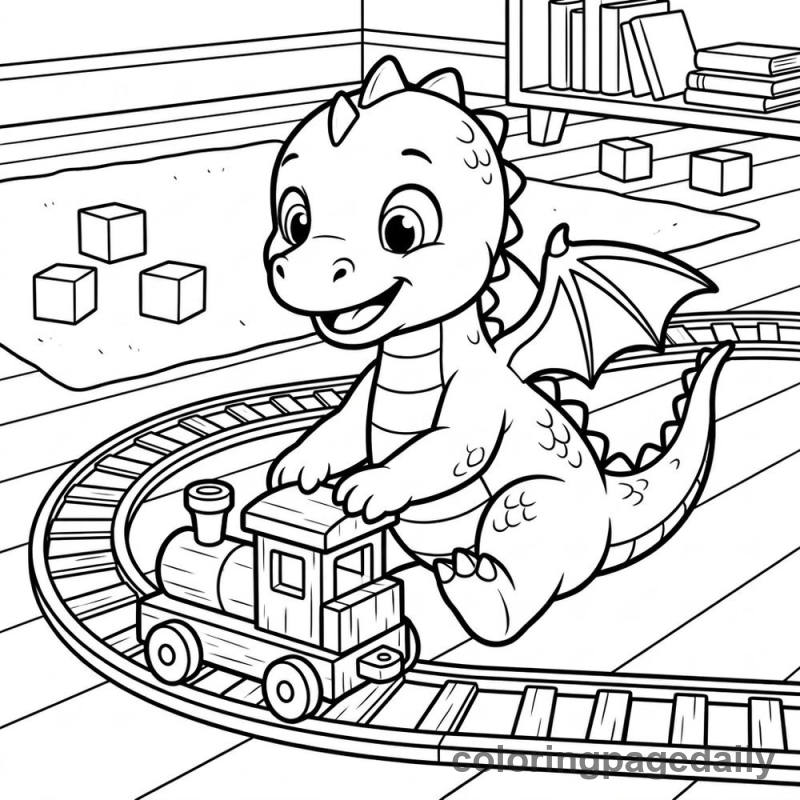 Baby Dragon Playing Train - Daily printable coloring page in Mythical Creature category