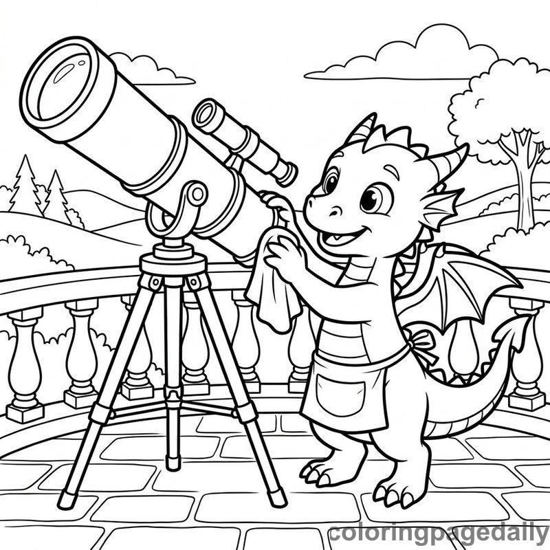 Baby Dragon Polishing Telescope - Daily printable coloring page in Mythical Creature category
