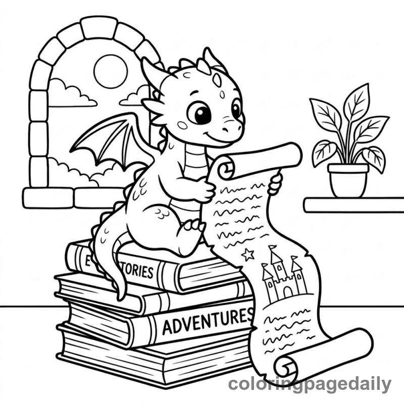 Baby Dragon Reading Scroll - Daily printable coloring page in Mythical Creature category