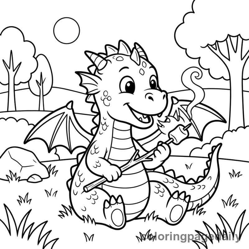 Dragon's Marshmallow Roast - Daily printable coloring page in Mythical Creature category