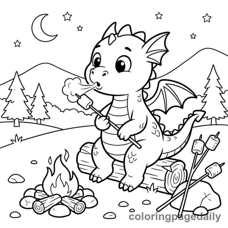 Baby Dragon Roasting Marshmallow - Daily printable coloring page in Mythical Creature category