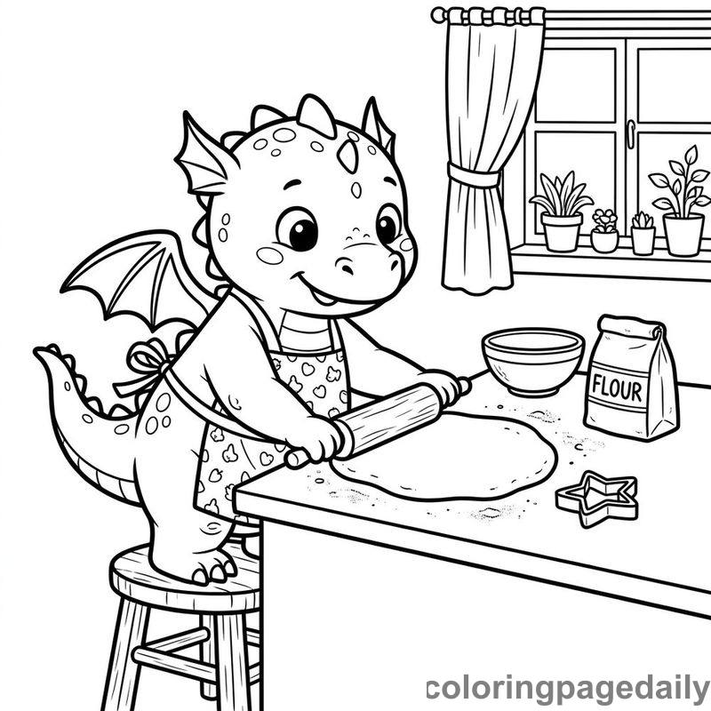 Baby Dragon Rolling Cookie Dough - Daily printable coloring page in Mythical Creature category