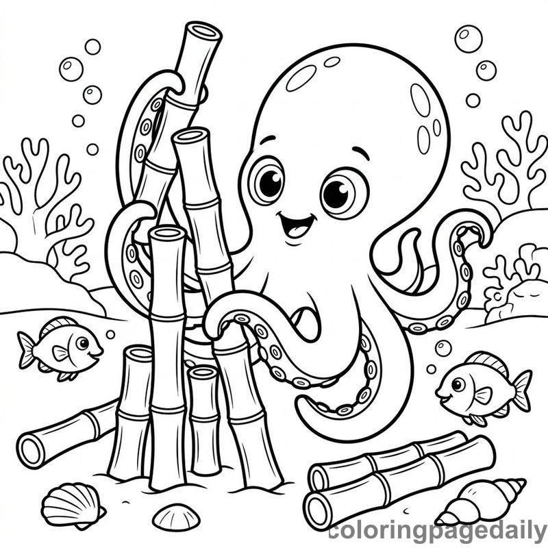 Baby Kraken Building Bamboo Tower - Daily printable coloring page in Mythical Creature category